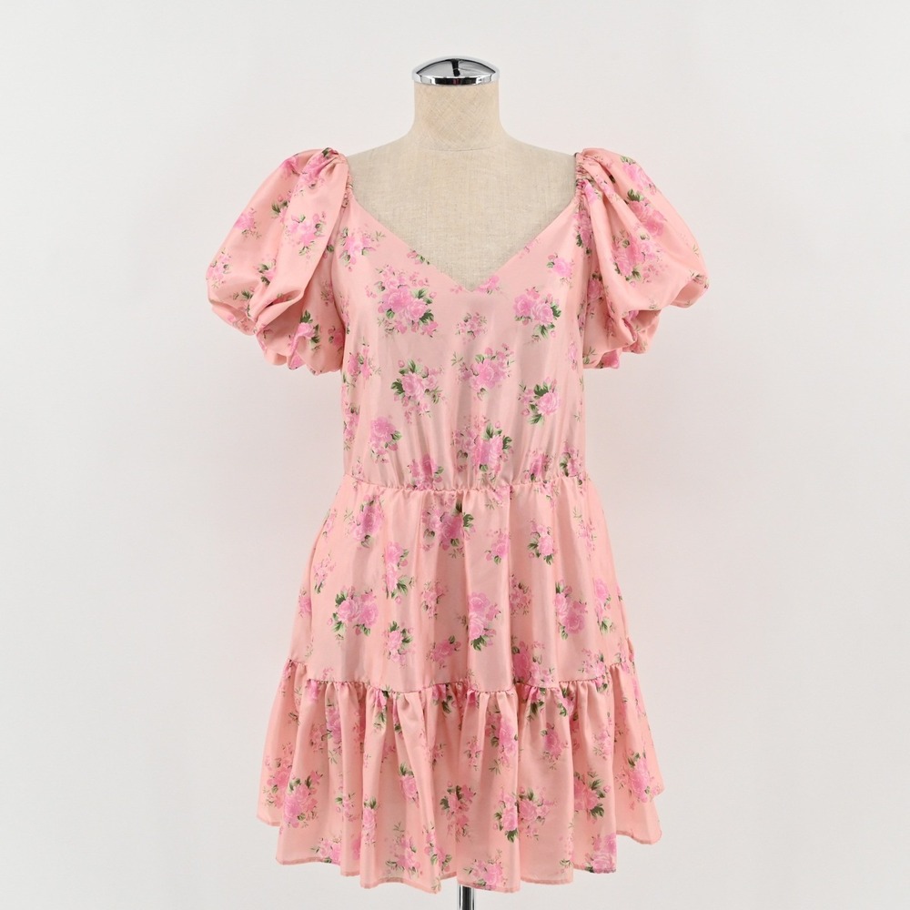 LoveShackFancy Cecile Mini Dress Womens Size 2 Pink Floral Puff Sleeve Tiered